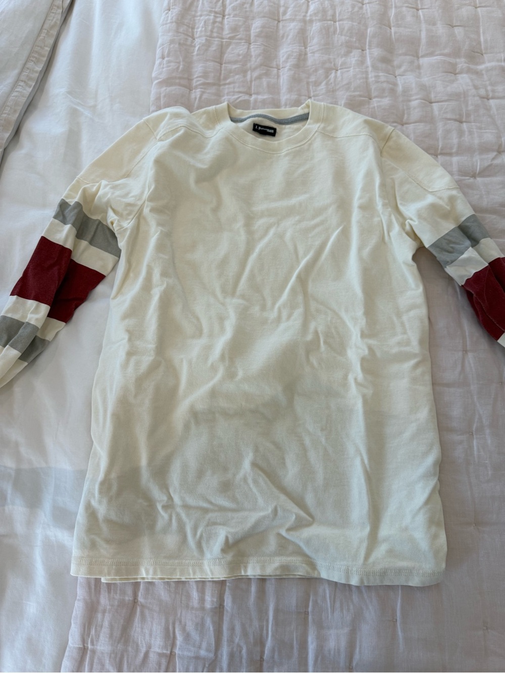 J. Peterman Cream Long Sleeve Crewneck with Red and Gray Sleeve Stripes